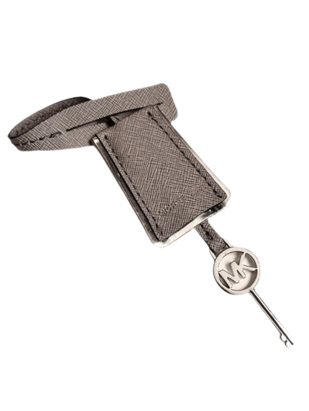 🗝️ MK Michael Kors Gray Leather Silver Logo Hidden Key Hangtag Bag Fob Charm